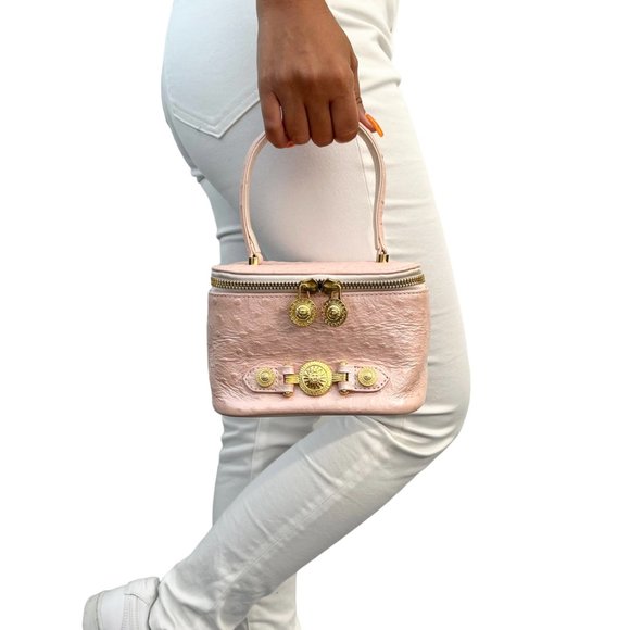 GIANNI VERSACE Vintage Logo Sun Vanity Bag Leather Pink Gold Zip Mirror [101776] - Picture 4 of 12